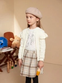 PrepCrw Young Girls Casual Solid Ruffled Trim Cardigan, Autumn/Winter - Beige - View 9