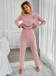RueChic 100%Cotton Letter Embroidery Ribbed Knit Lounge Set - Baby Pink - View 3