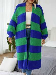 SHEIN CURVE+ 极简时尚大码蓝绿条纹开衫毛衣，简约休闲舒适，采用优质面料制成，亲肤，穿着无忧，适合毕业典礼，节日，母亲节，万圣节，新年，情人节，感恩节，圣诞节，复活节，国庆节，舞会，除夕，冬季 - 藍色 - 查看 4