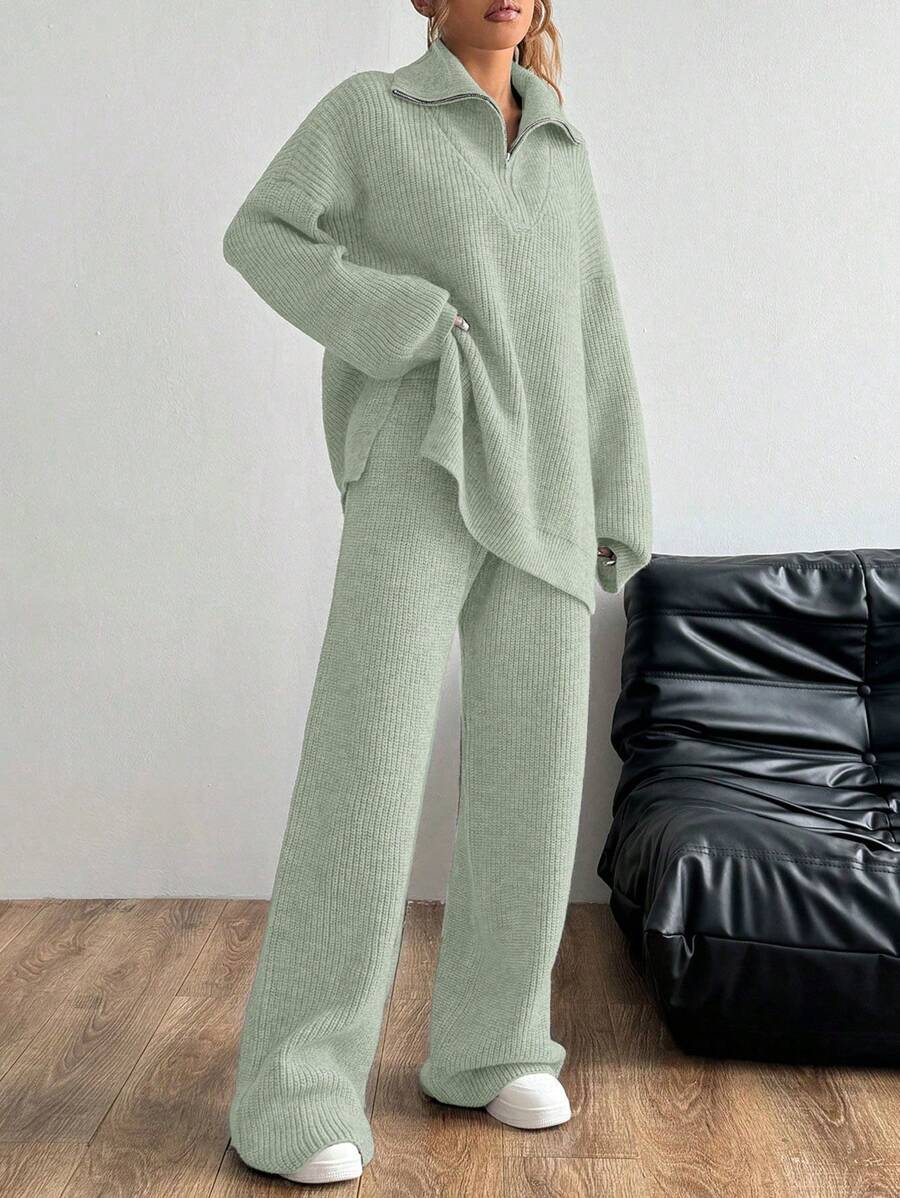 Flirla 2pcs Loose Casual Solid Color Collared Long Sleeve Top And Pants Knit Sweater Set - Green - View 1