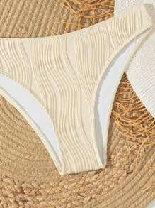 2 chiếc áo Bandeau họa tiết gợn sóng thanh lịch dành cho nữ màu trơn có họa tiết ngôi sao kim loại kết hợp với quần short bơi gợn sóng tối giản, bộ bikini dành cho người lớn mùa hè - Màu be - Xem 4