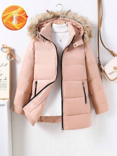 Teenager Mädchen Winter Lässig Warm Mode Reißverschluss Patchwork Fransen Kapuzen Wattiert Mantel