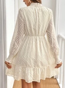 SHEIN Frenchy 女士秋季荷叶边领长袖优雅短款连衣裙 - 杏色 - 查看 2