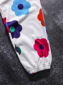 2 件套青少年男孩卡通花卉印花连帽衫和裤子套装，秋季 - 白色 - 查看 4