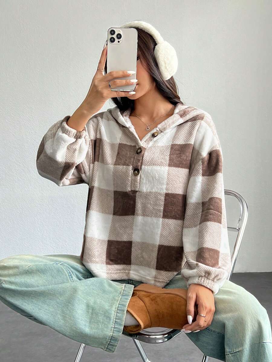 SHEIN PETITE 格纹半纽扣落肩连帽衫 - 咖啡棕 - 查看 1