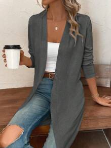 SHEIN LUNE Áo Cardigan dài tay màu trơn cho nữ, áo thường ngày tối giản để mặc hàng ngày - Màu xám đen - Xem 5