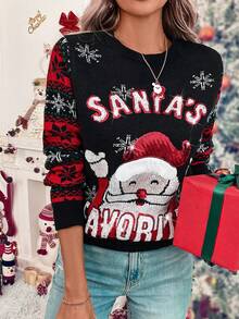 SHEIN LUNE Christmas Pattern Casual Knit Sweater, Autumn/Winter, Knit Pullover Fall - Black - View 3