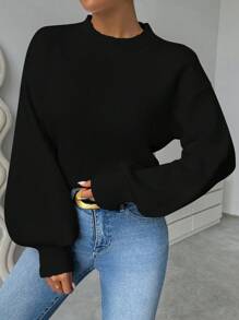 Chiquease Áo len nữ cổ đứng, vai rớt, tay dài, dáng rộng, chất liệu dệt kim, thích hợp cho mùa thu/đông. - màu đen - Xem 3