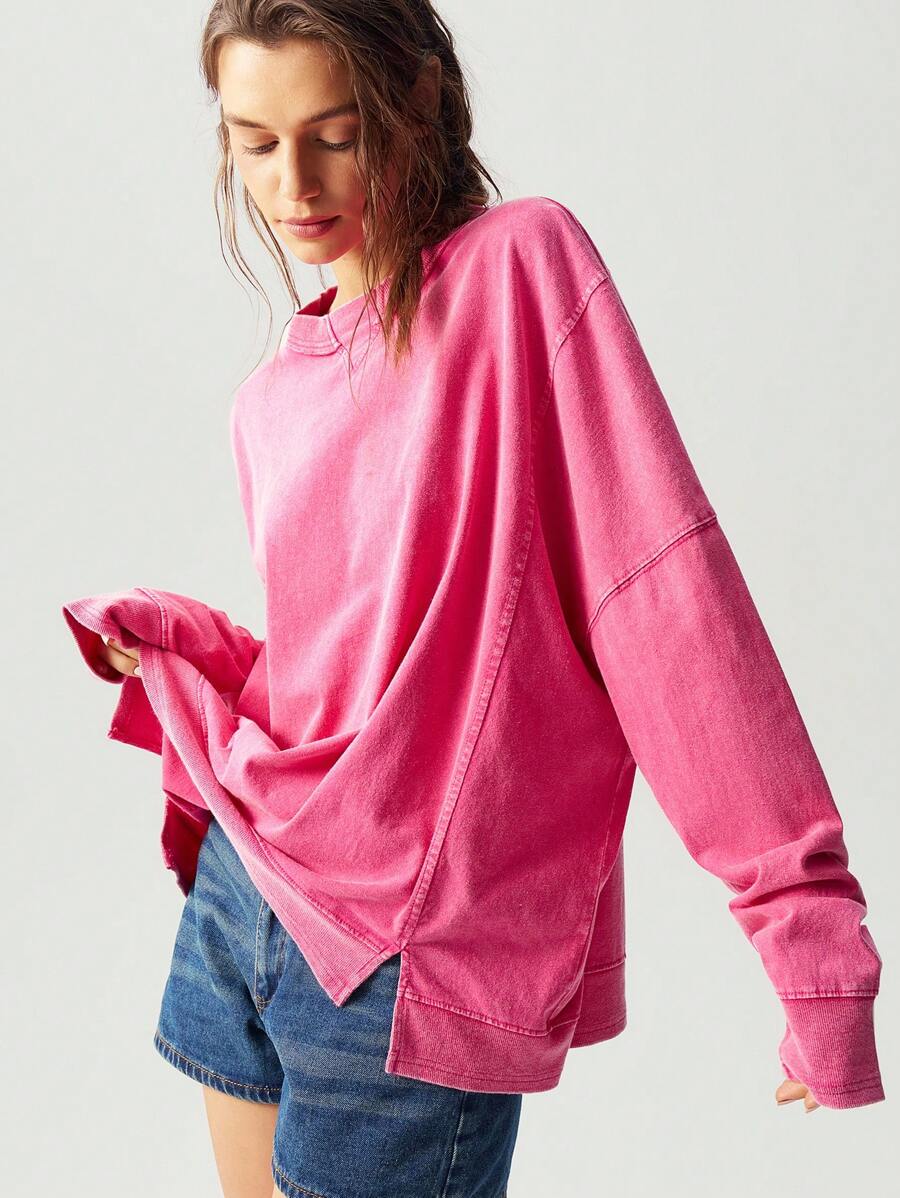 Bohemela Casual Solid Color Knit Crew Neck Dropped Shoulder Long Sleeve Loose Fit Women Sweatshirt In Fall/Winter