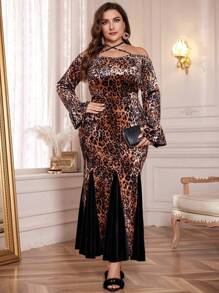 Modelyn فستان ضيق وقصير مع طباعة النمر وطرف متقاطع لمناسبات الربيع/الخريف بمقاسات كبيرة، فساتين ماكسي ضيقة أنيقة، للحفلات المسائية/ضيف الزفاف/الذكرى السنوية - متعدد الألوان - مشاهدة 4