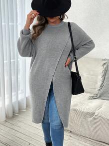 SHEIN VCAY Plus Size Women Casual Daily Solid Color Side Slit Relaxed Fit Sweater, Autumn/Winter - Dark Grey - View 1