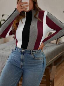 SHEIN Clasi Plus Size Zipper Closure Long Sleeve Striped Minimalist Pullover Knit Sweater - Burgundy - View 5