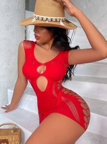 Mesh Hollow Out Bodycon Lingerie Dress Without Liner - Red - View 4