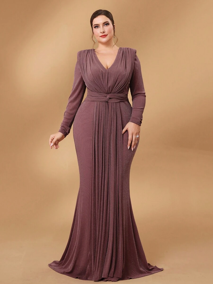 SHEIN Belle Plus Size Metallic Stretch V-Neck Twist Detail Dress, Wedding Guest Dress, Party Dress, Formal Dress, Evening Dress,Gown