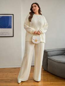 EURMUSE Sweater And Pants Knitwear Set With Cable Pattern - Casual - White - View 6