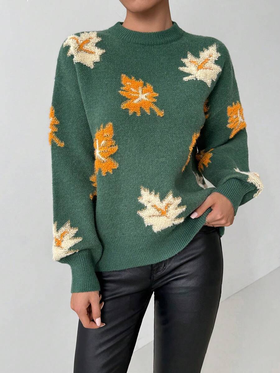 Chiquease Suéter de mujer informal con cuello redondo, mangas farol y bordado de hoja de arce, otoño/invierno