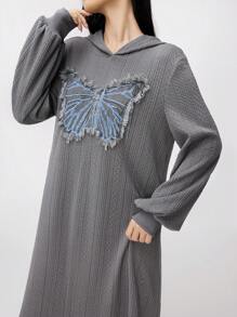 Mulvari 女士 3D 蝴蝶装饰连帽长款卫衣连衣裙，休闲宽松款式，秋冬