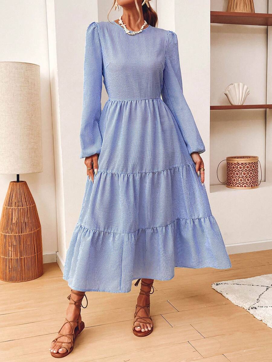 SHEIN VCAY Women Striped Lantern Sleeve A-Line Midi Dress In Blue And White, Suitable For Vacation, Autumn/Winter,,Back To School For Daily Wear,Fall Outfits,Commute,Minimalist,Office,Old Money,Simple,Teacher Clothes, - Blue and White - View 1