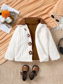 SHEIN Jacke für Kleine Mädchen, aus Fleecematerial, Farbblock in Braun Beige, Klapppkragen, braune Taschen, Blumenknöpfe, ländlicher lässiger Retrostil, geeignet für Herbst und Winter