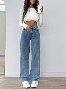 SHEIN Cottnline WOMEN STRAIGHT LOW WAIST JEANS - Medium Wash - View 1