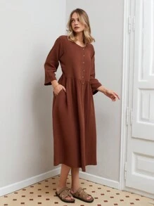 RueChic WOMAN BROWN ELEGANT MUSLIN LONG DRESS - Brown - View 5