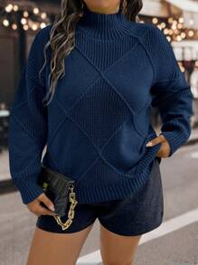 SHEIN LUNE Plus Size Casual Solid Color Drop Shoulder Sweater, Autumn/Winter Knit Pullover Fall - Navy Blue - View 1