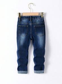 Young Boy Medium Blue Wash Simple Versatile Casual Roll-Up Hem Elastic Waist Jeans Summer Holiday