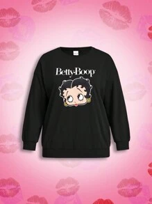 Betty Boop x SHEIN Plus Size Retro Sexy Street Trendy Y2k Herfst Zwart Klassiek Cartoon Portret Print Lange Mouw Ronde Hals Sweatshirt