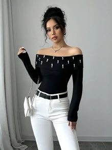 Elenzga 1pc Women Off-Shoulder Elegant Beaded Decor Top, Suitable For Autumn/Winter