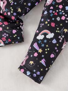 SHEIN Playful Pals 2pcs/Set Baby Girl Toddler Casual Everyday Soft Comfortable Round Neck Pullover Sweatshirt And Leggings Outfit, Unicorn Print T-Shirt & Pants Set, Autumn/Winter