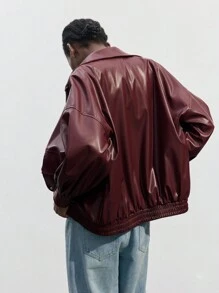 Maija 女士休闲安哥拉红色 PU 皮革拉链夹克，宽松时尚，适合日常穿着，秋冬季 - 酒紅色 - 查看 2