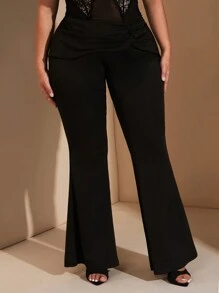 SHEIN BAE 大码秋冬优雅日常通勤甜美女士黑色腰部扭纹喇叭裤派对装 - 黑色 - 查看 3