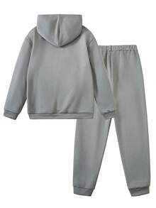 SHEIN Bộ 2 món/Bộ đồ thể thao thường ngày cho bé trai tuổi teen - Áo hoodie và quần nỉ, thích hợp để tập luyện - Màu xám đen - Xem 2