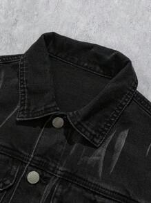 SHEIN Tween Boy Fashion Casual Design Sense Tie Flower Wash Water Black Comfortable Denim Lapel Long-Sleeved Jacket Coat Boys Cool Outfit/Boys Thanksgiving Outfit For Boys Costume Dailywear And Fall/Winter Kids Clothes