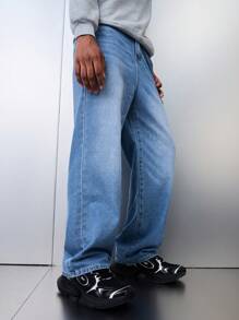 SHEIN Jeans rectos holgados y cómodos de mezclilla azul casual de moda para adolescentes varones, para uso diario y ropa de otoño/invierno para chicos adolescentes
