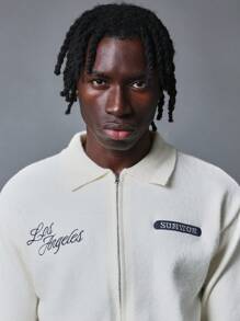 SUMWON Casual Zip Front Cardigan Sweater With Los Angeles City Embroidery Preppy College Style Letter Patch Urban Streetwear Spring Autumn Outerwear - Apricot - View 4