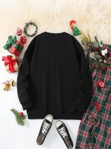 Christmas Women Christmas Elk Pattern Letter Print Casual Round Neck Black Fleece Hoodie Sweatshirt, Autumn/Winter Matching Outfits Mommy And Me (3 Pcs Are Sold Separately)