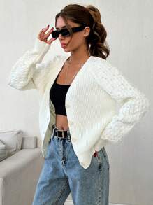 EURMUSE V-Neck Pearl Rib-Knit Loose Front-Button Casual Long Sleeve Cardigan - Beige - View 6