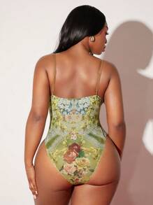 SHEIN SXY Plus Size Sexy Retro Floral Print Frill Trim Cami Bodysuit - Multicolor - View 2