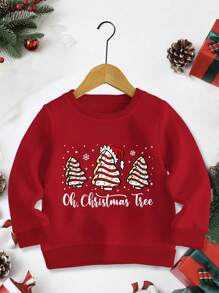 年轻女孩圣诞印花圆领运动衫，秋冬休闲装 - 紅色 - 查看 3