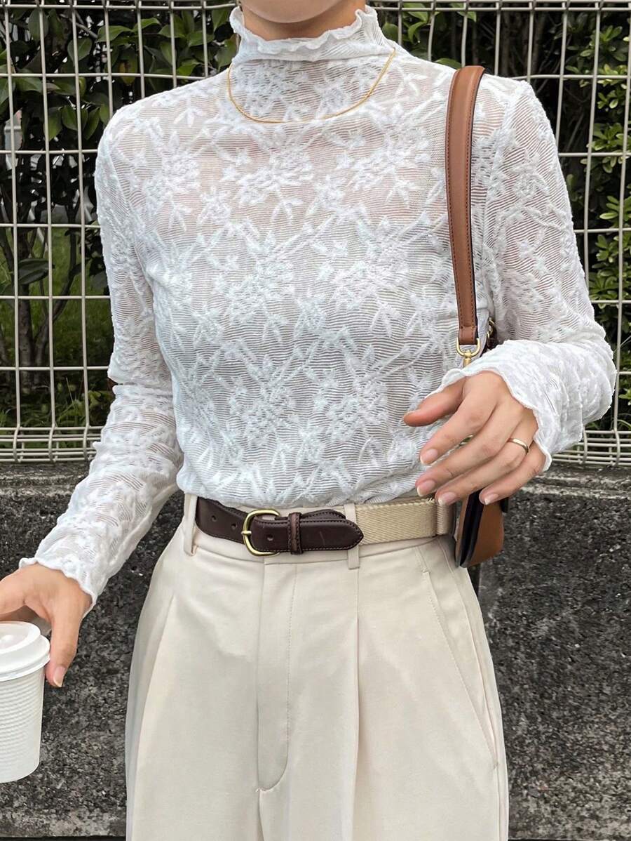 FRIFUL Women Lace Turtleneck Long Sleeve Slim Fit Blouse, Casual Daily Wear Sheer