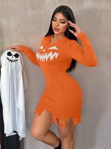 VaVaBold Vestido de suéter con capucha sexy, ajustado y calado con estampado de calabaza con dientes grandes para Halloween, ropa de color naranja