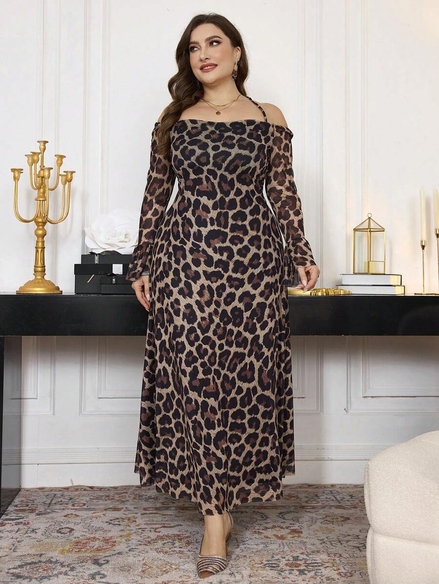 Modelyn 女士露背露肩弹力网眼豹纹紧身大码连衣裙长款女士装长款晚礼服 - 彩色 - 查看 1