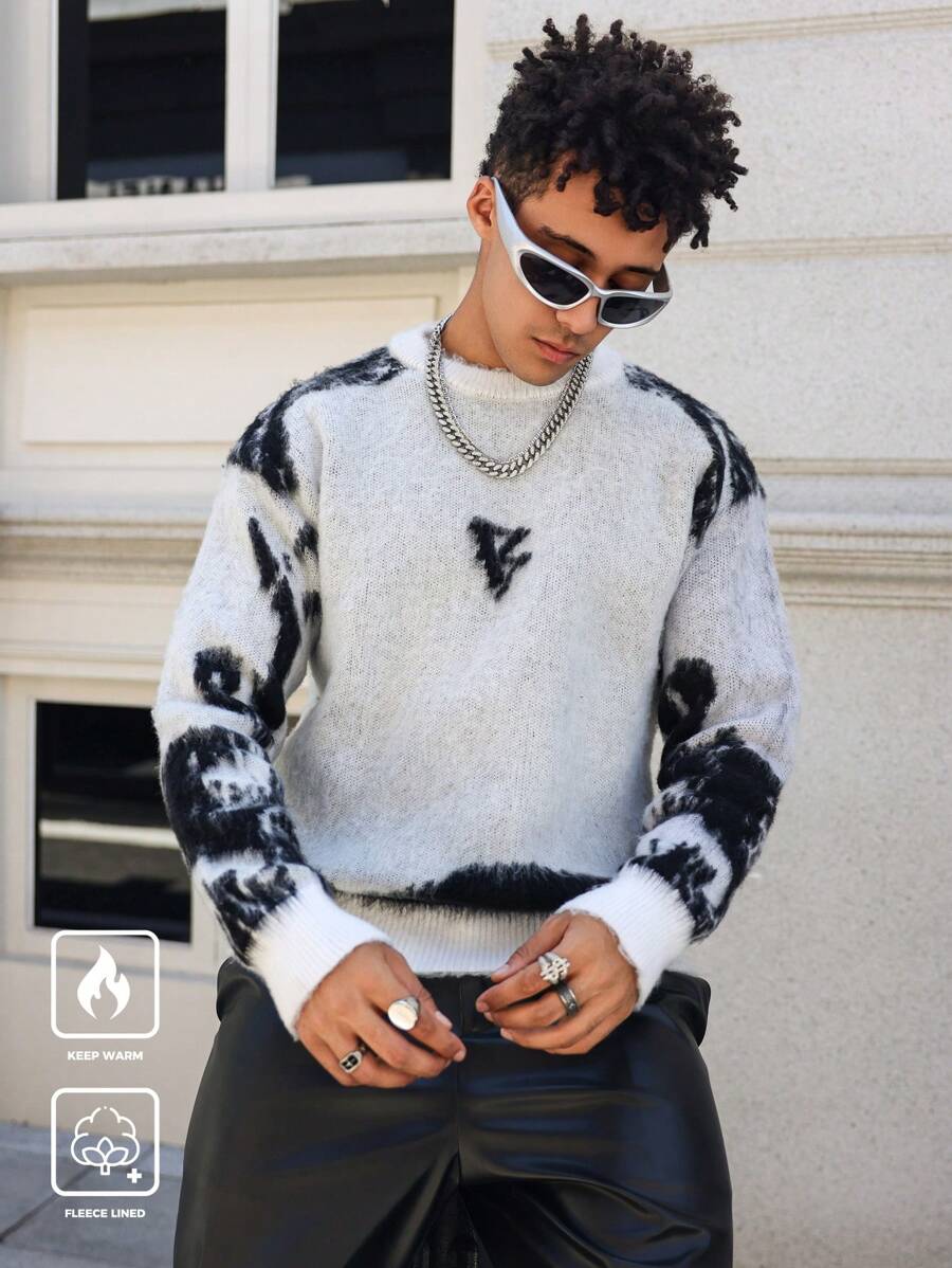 Manfinity Hypemode Men's Round Neck Long Sleeve Graphic Detail Casual Sweater - White - View 1