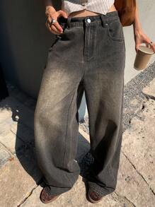 DAZY 女式复古水洗宽松直筒牛仔裤 - 深色水洗藍 - 查看 5