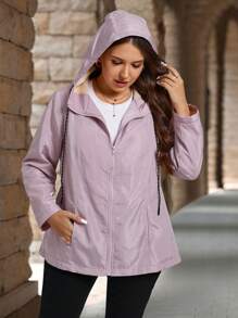 EMERY ROSE 大码女士大码保暖外套 女士保暖内衬拉链连帽休闲夹克 带抽绳 - 酒紅色 - 查看 6