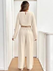 SHEIN Frenchy 2 件套纯色圆领长袖上衣和抽绳腰长裤，休闲