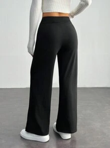 SHEIN PETITE Solid High Rise Flared Straight Leg Pants - Black - View 2