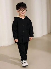 SHEIN 2 件装年轻男孩纯色前扣长袖连帽衫和裤子休闲套装 - 黑色 - 查看 4