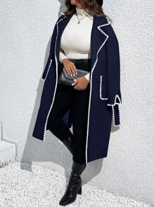 SHEIN Unity 女式大码蕾丝边长袖长款休闲外套，秋冬款 - 藏蓝色 - 查看 5